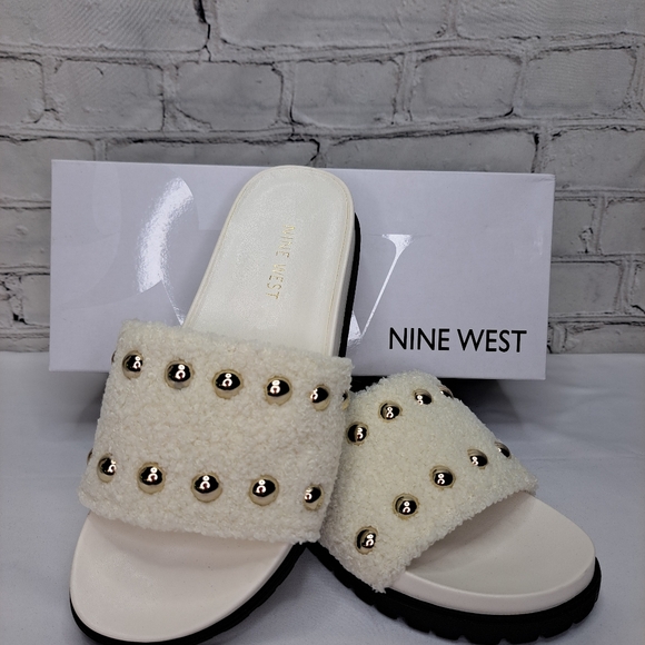 NINE WEST 'FREELY' SHEARLING & STUDDED SLIP ON SANDALS - Picture 13 of 14